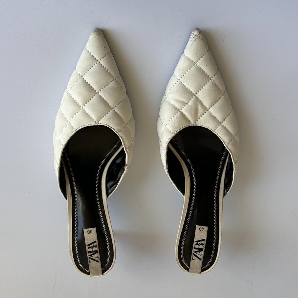 ZARA white quilted kitten heel mules